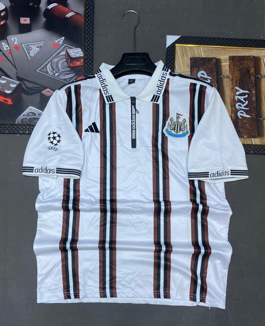 Newcastle United White Brown Black Stripe Polo Jersey - adidas Replica Zip Collar Football Shirt