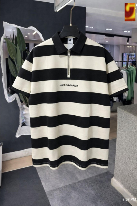 NATDARPAED Oversized Polo - Brown White Stripe Half-Zip Rugby Polo Tee