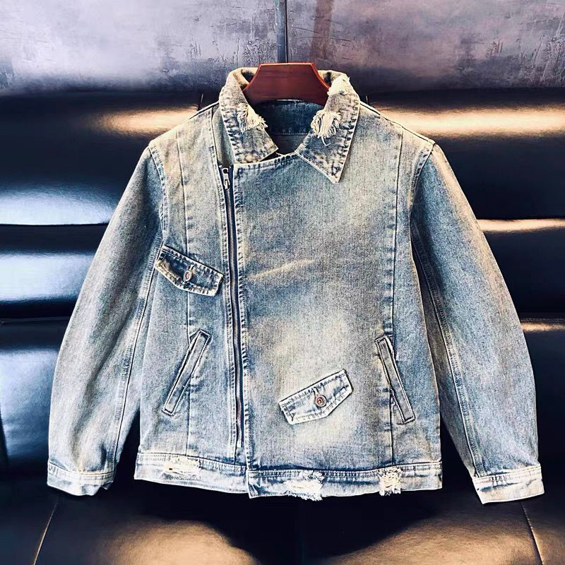 Faded Light Blue Distressed Denim Jacket Ripped Patches Oversized Trucker Streetwear
