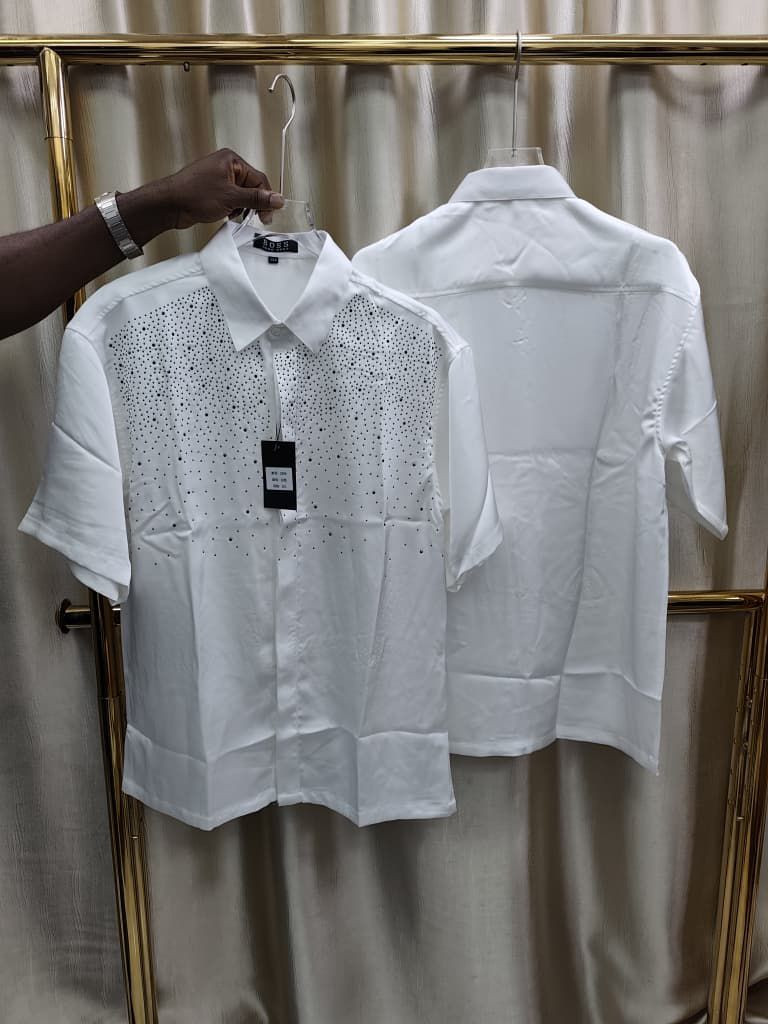 Short Sleeve Button Up Shirt Perforated Rhinestone Embellished Relaxed Fit Unisex Luxury Casual Party Top BOSS Inspired