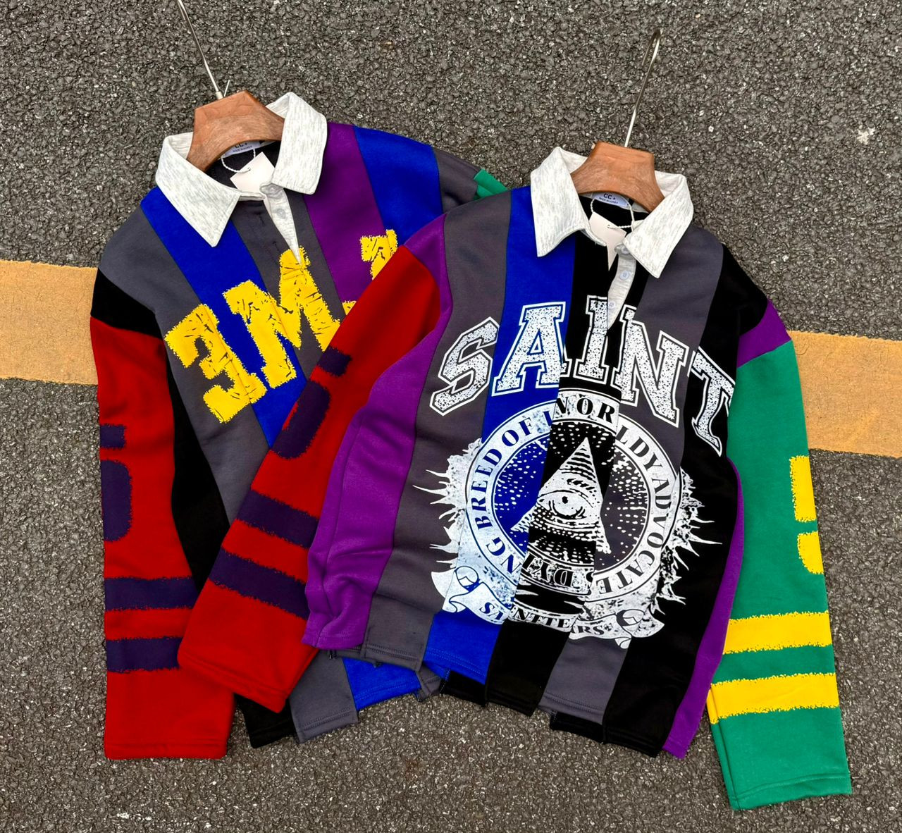Multicolor Patchwork Rugby Polo Shirt "SAINT" Pyramid Eye Graphic Oversized Streetwear Casual Top