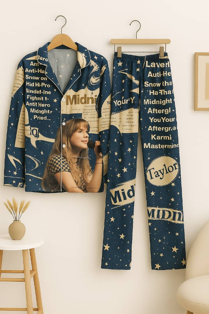 Taylor Swift Midnights Album Pajama Set Oversized Button-Up Shirt + Long Pants Lyric Portrait Print