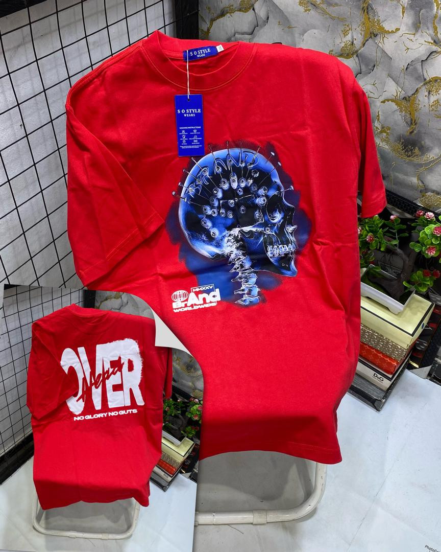 Graphic T-Shirt Blue Skull Eyes OVER No Glory No Guts Back Print Short Sleeve Streetwear Unisex Hype Casual Art Top S O Style