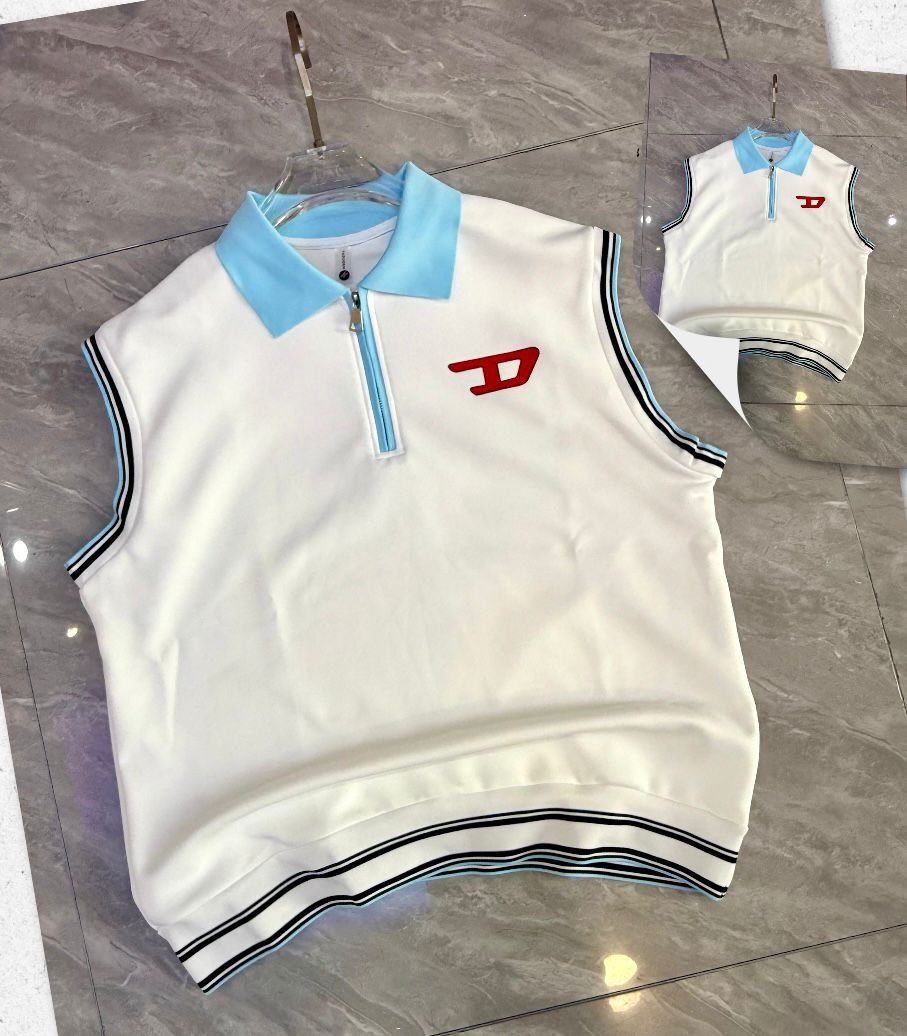 Sleeveless Polo Vest Light Blue Collar Red D Logo Half-Zip Oversized Streetwear Unisex Preppy Hype Casual Top