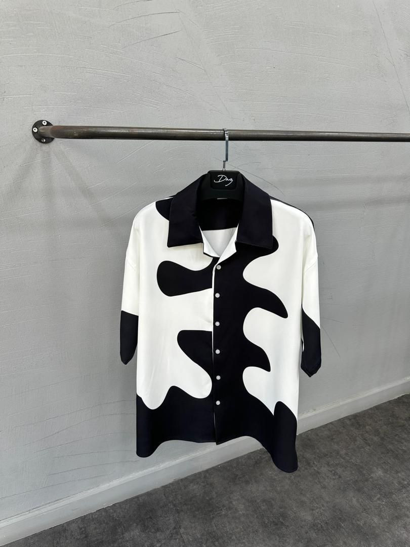 Cream Black Wavy Abstract Print Shirt Short Sleeve Satin Button Up Camp Collar Streetwear Casual Top DNZ Style