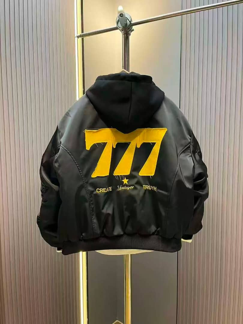 Men’s Oversized 777 Graphic Bomber Jacket - Hip Hop Streetwear Padded Windbreaker with Raw Edge Appliqué & Hood