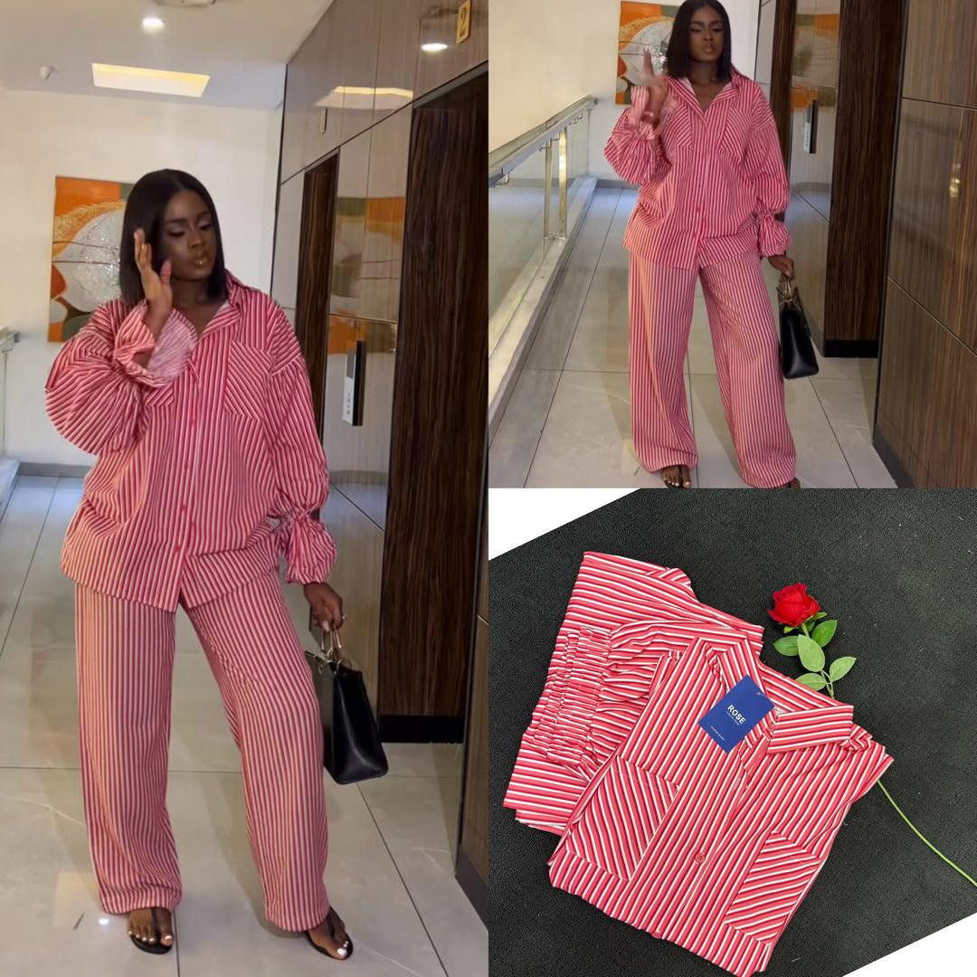 Red White Striped Satin Pajama Set Oversized Button-Up Shirt Wide-Leg Pants Lounge Sleepwear