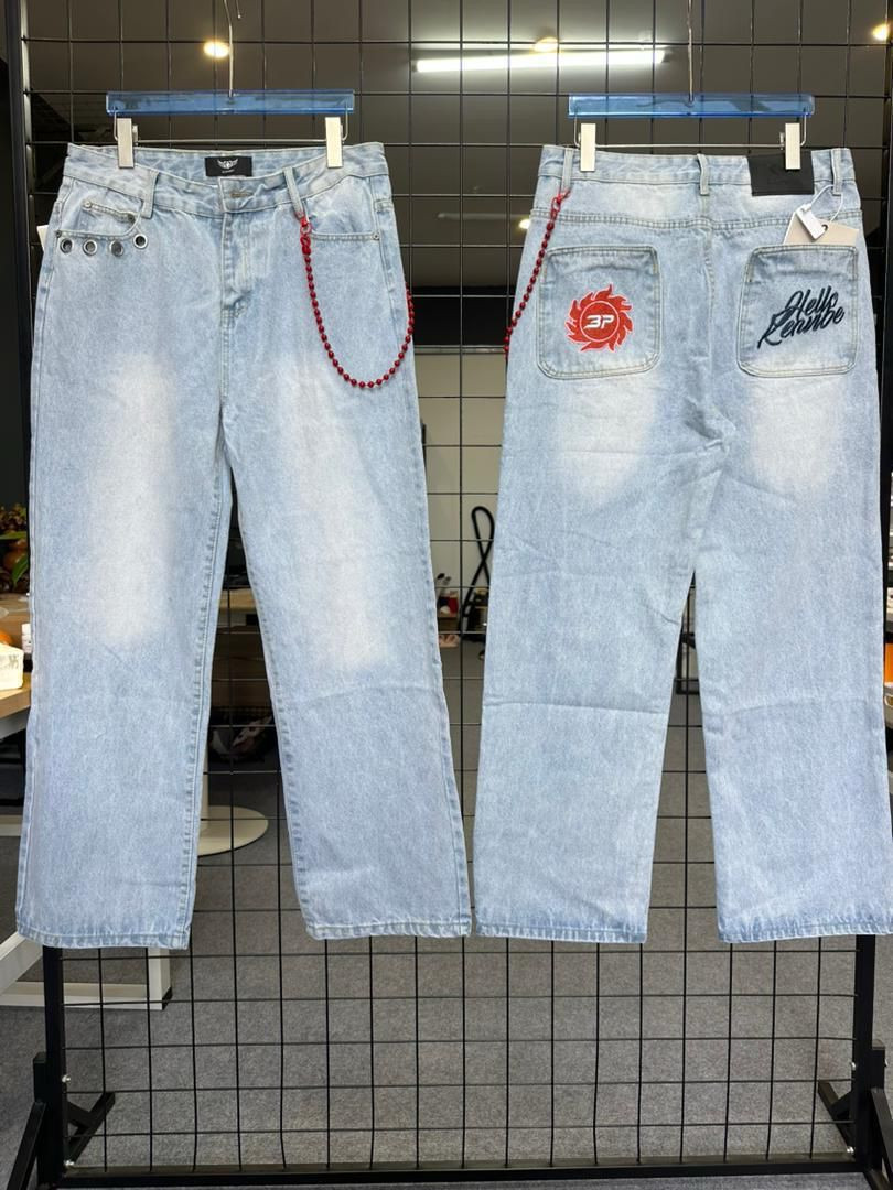 Men's Light Wash Baggy Jeans with Red Beaded Chain - Y2K Streetwear Wide Leg Denim Pants with Embroidered Back Pockets