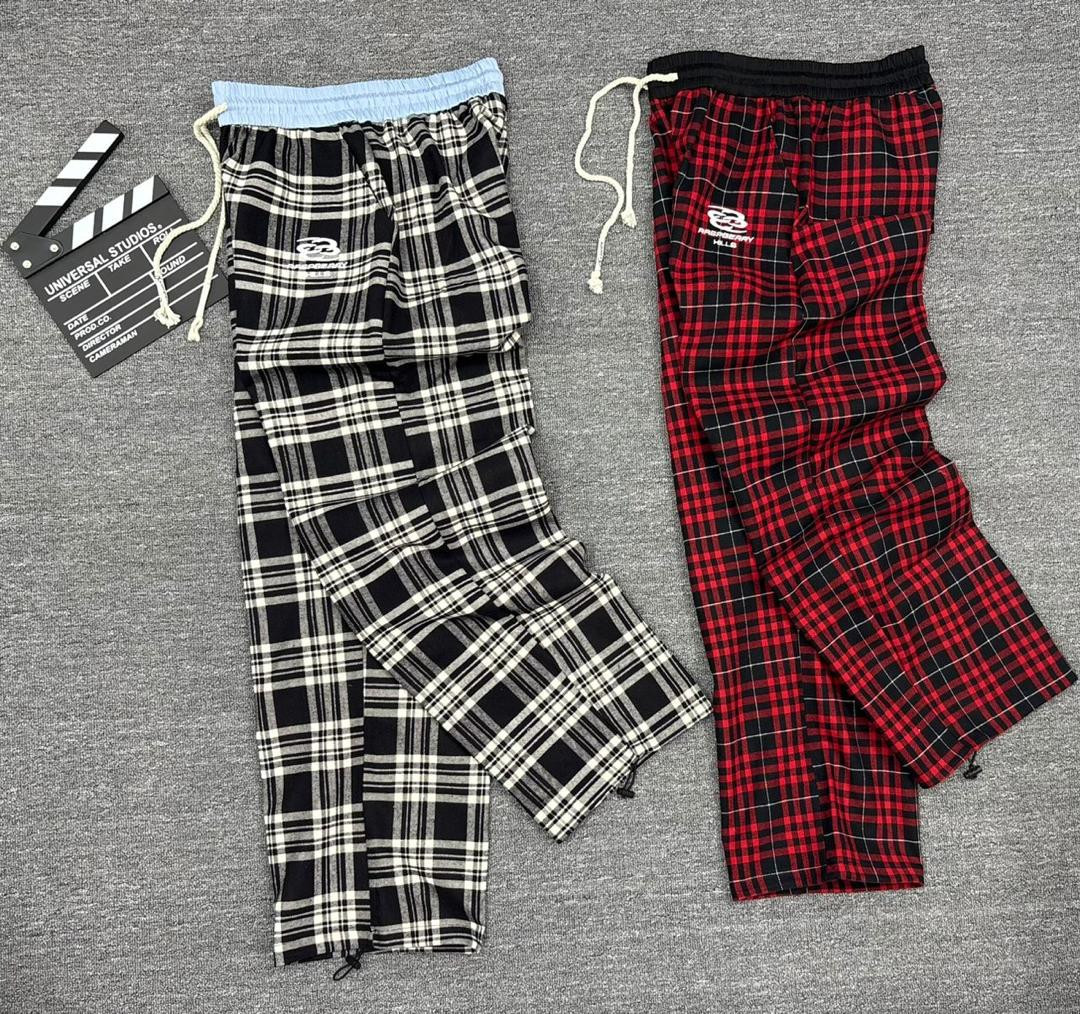 Oversized Plaid Lounge Pants Drawstring Waist Embroidered Logo Wide-Leg Pajama Trousers Black-White / Red-Black