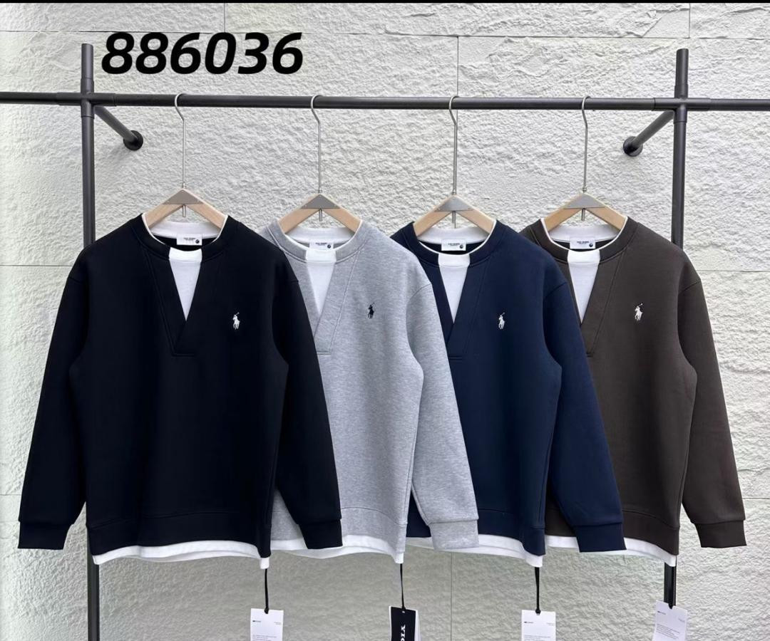 Black Grey Navy Brown Oversized Sweatshirt Polo Pony Logo Layered Hem Mock V-Neck Unisex Luxury Casual Pullove