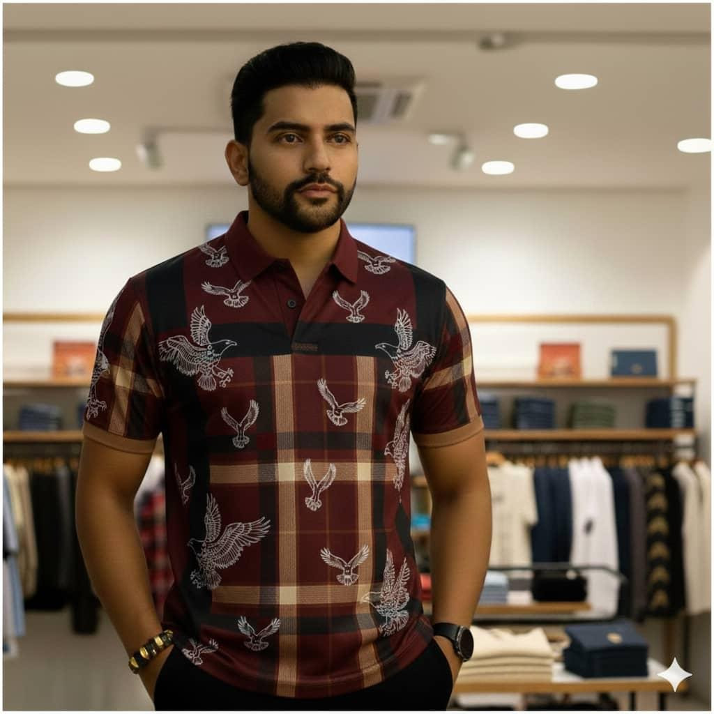 Burgundy Black Plaid Polo Shirt Eagle Embroidery Short Sleeve Casual Streetwear Polo