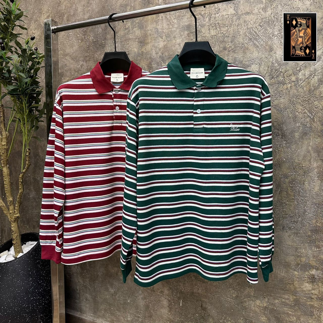 Savage Base Long Sleeve Striped Polo Shirt Green Maroon Rugby Polo Casual Preppy Streetwear Top