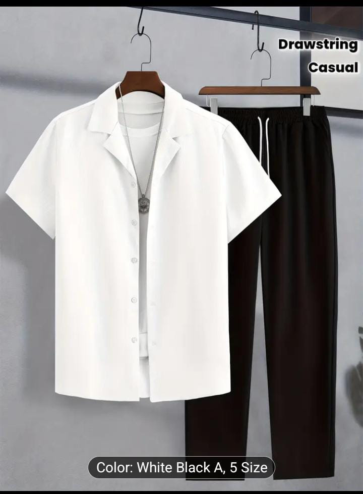 White Black 2-Piece Set Short Sleeve Open Shirt + Wide Leg Drawstring Pants Unisex Minimalist Casual Lounge Smart Streetwear Co-ord Outfit