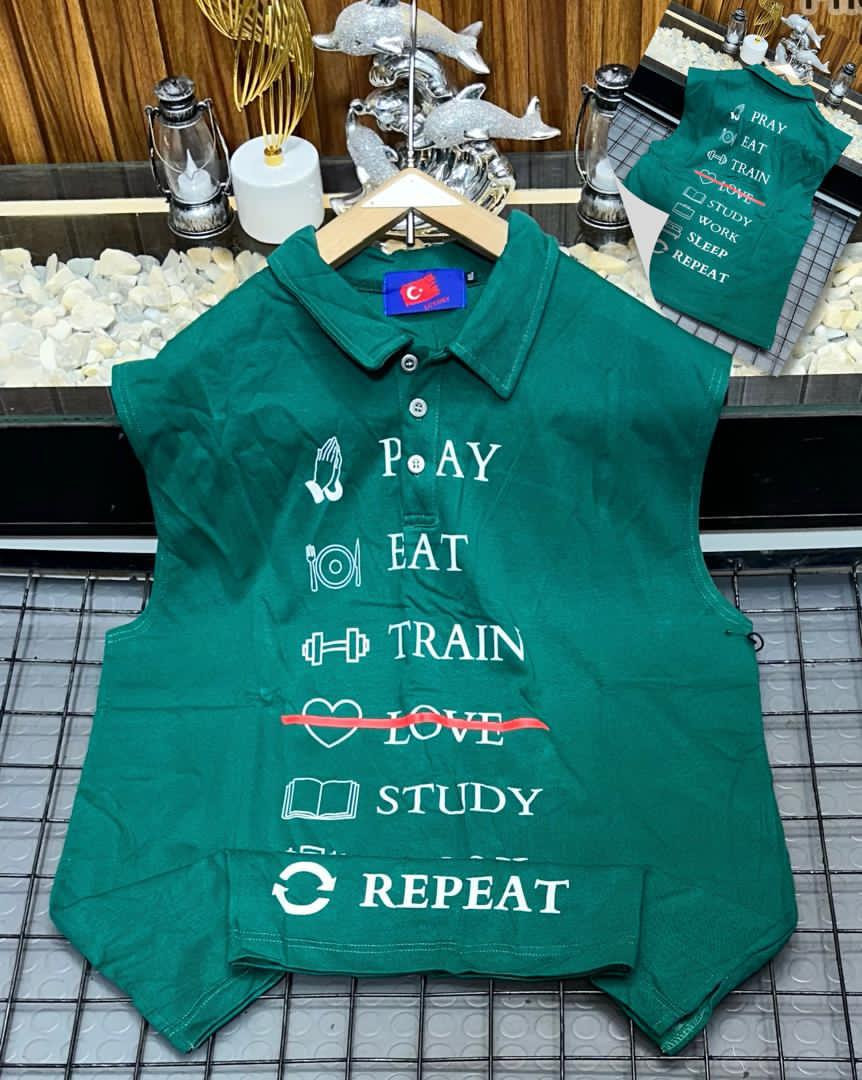 Men's Black Sleeveless Polo Shirt - Pray Eat Train Study Repeat - Love Crossed Out Motivational Graphic Vest