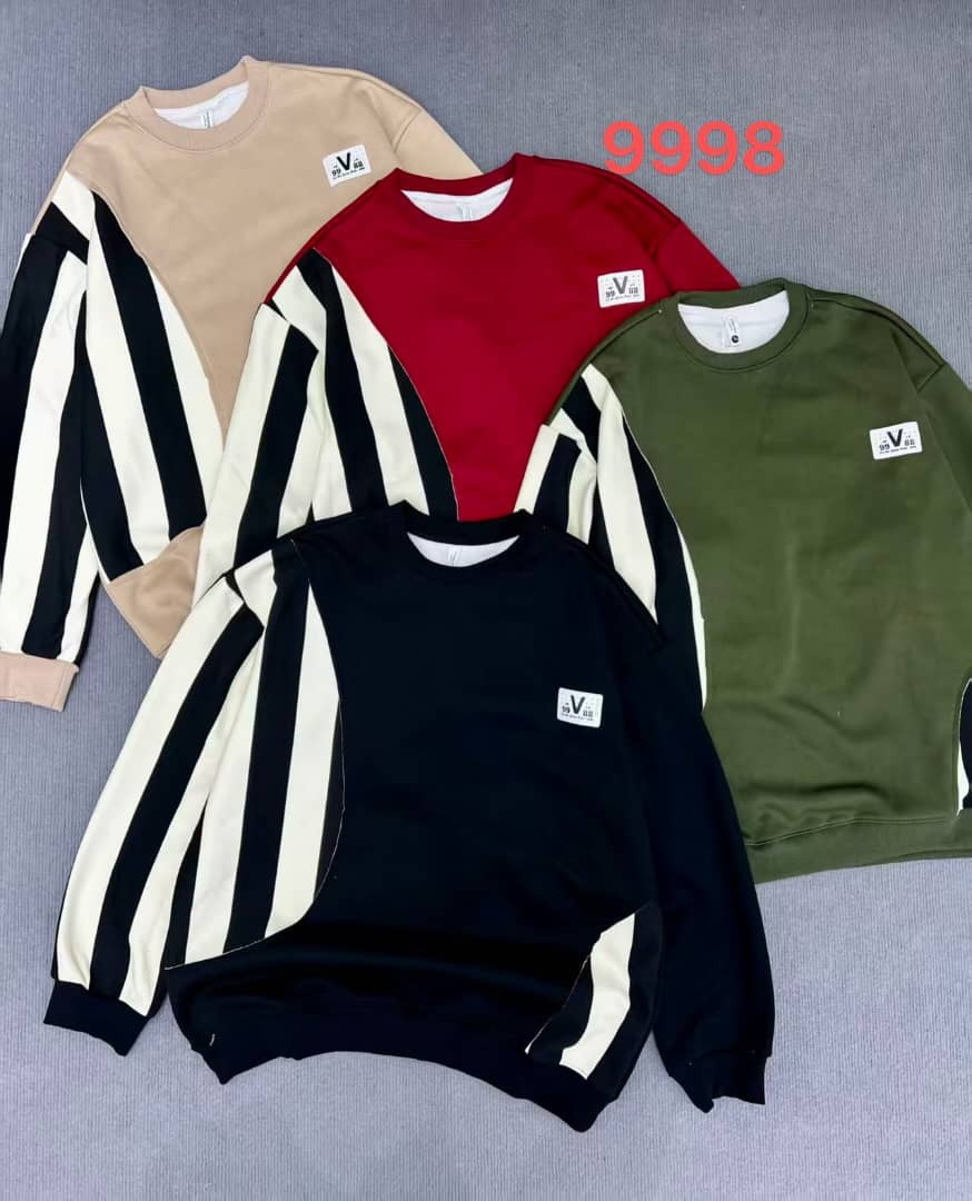 V Patch Striped Sweatshirt Oversized Long Sleeve Beige Black Red Olive Retro Sporty Crewneck Unisex Hype Casual Top