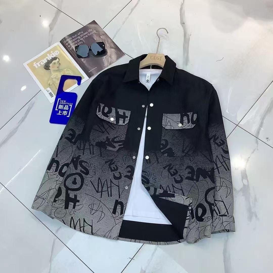 Oversized Graffiti Text Print Shirt - Black All-Over Typography Button-Up