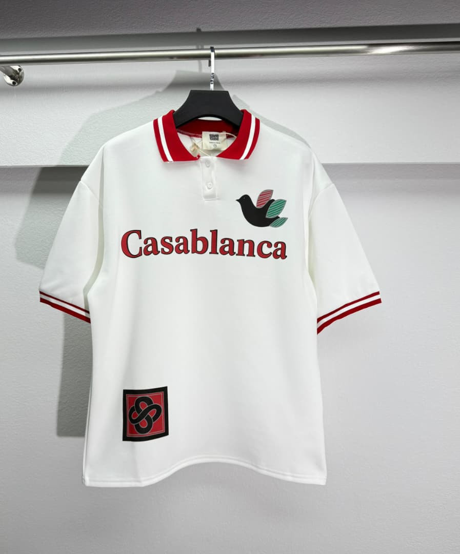 Casablanca Style Polo Black Red Script Dove Embroidery Striped Collar Oversized Short Sleeve Streetwear Unisex Retro Top