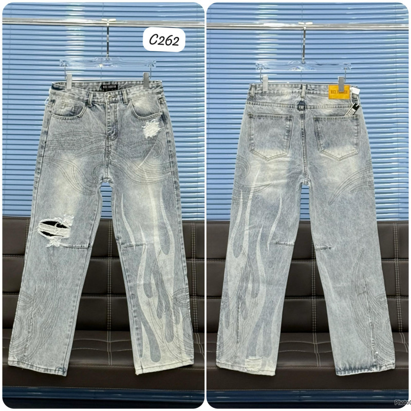 Grey Flame Distressed Baggy Jeans Ripped Wide Leg Y2K Streetwear Unisex Relaxed Fit High Waist Denim Pants Acid Wash Flame Print