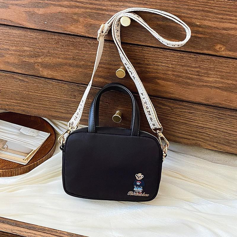 Black Nylon Mini Duffel Crossbody Bag Teddy Bear Embroidery Adjustable Printed Strap Casual Shoulder Purse