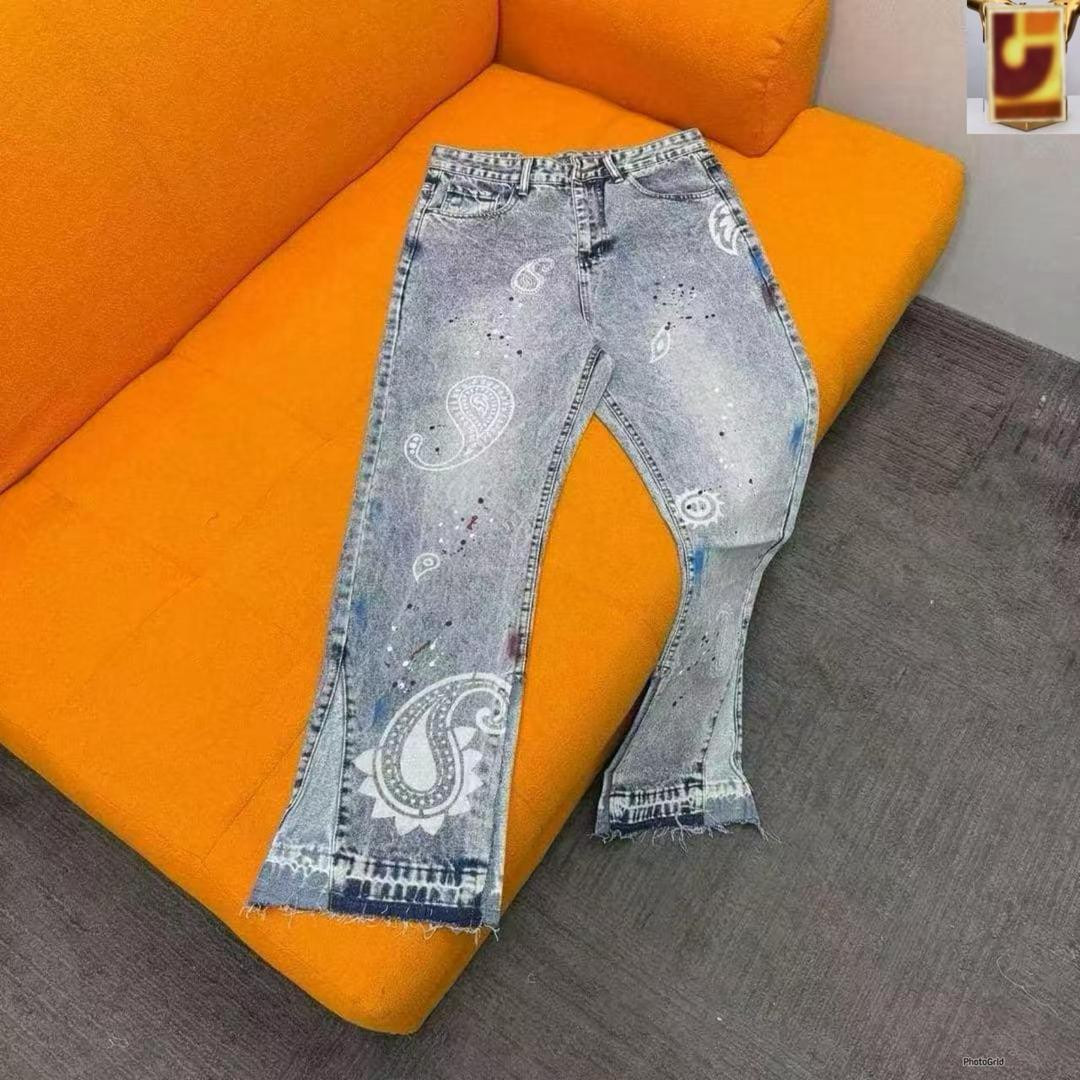Men's Paisley Print Paint Splatter Flare Jeans - Vintage Acid Wash Distressed Denim Trousers with Raw Hem Edge