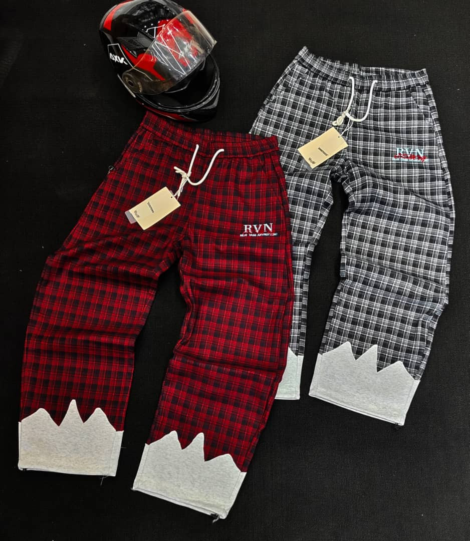 Men's Plaid Jogger Pants Casual Drawstring Sweatpants with Wave Hem RVN Brand - Brown/Red Checkered Lounge Trousers