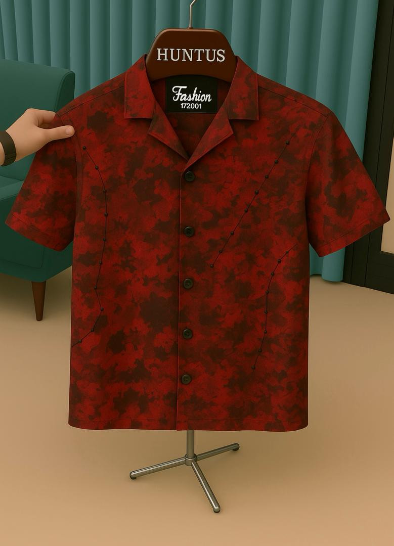 Red Tie-Dye Camp Collar Shirt Short Sleeve Button Up Oversized Streetwear Casual Top Rosmill Style