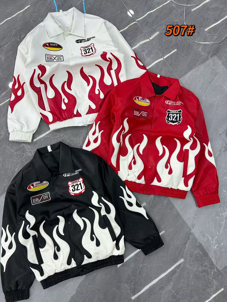 Oversized Flame Patch Racing Bomber Jacket Satin Custom SIEMCE 321 Print Varsity Coat White/Red/Black