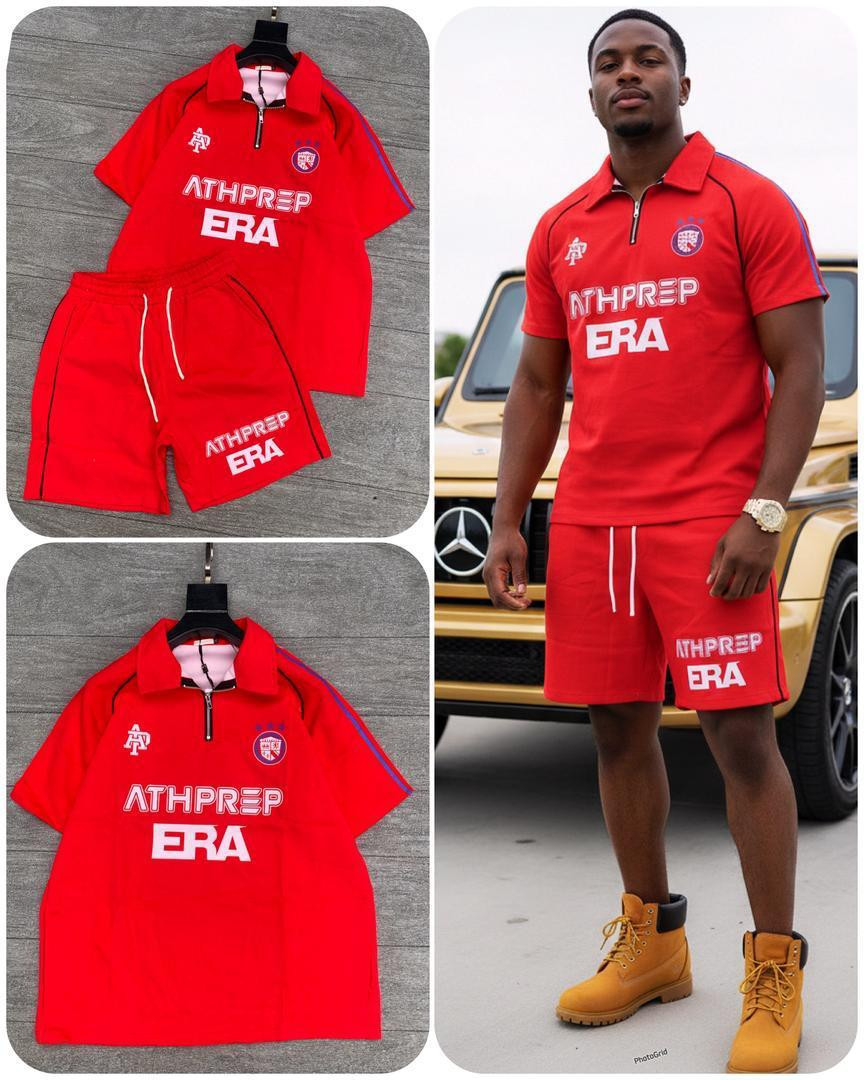 Beige ATHP PREP ERA Rugby Polo + Shorts Set Oversized Quarter Zip Striped Collar Unisex Retro Streetwear Hype Casual Tracksuit