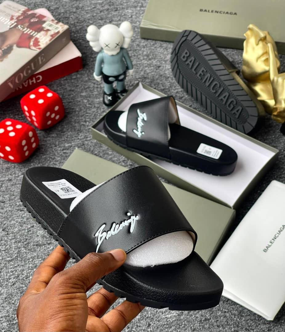 Black Balenciaga Inspired Platform Slides Signature Script Logo Thick Sole Slip On Streetwear Unisex Fashion Casual Sandals Hype Beach Pool Shoes