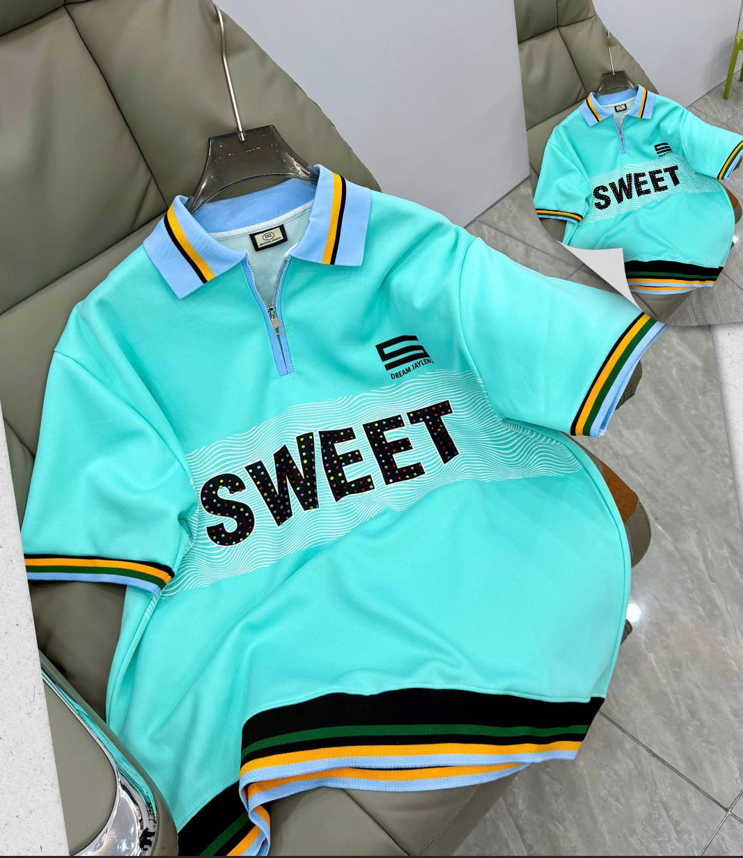Oversized Polo Sweatshirt Short Sleeve Zip Neck SWEET Print Striped Collar Cuffs Unisex Streetwear Hype Casual Retro Pullover