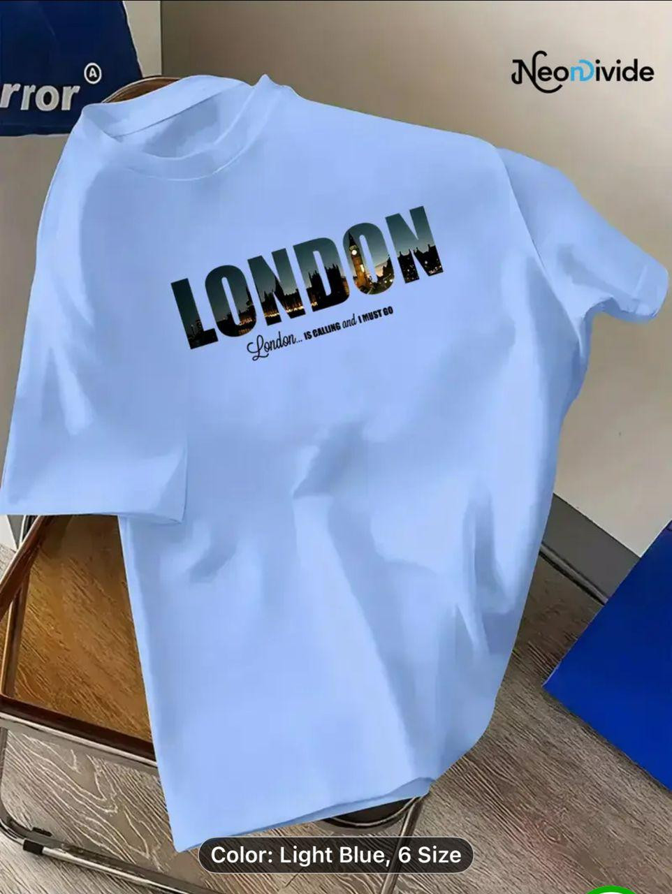 Light Blue Oversized London Skyline Graphic T-Shirt "London Is Calling I Must Go" Travel Streetwear Tee