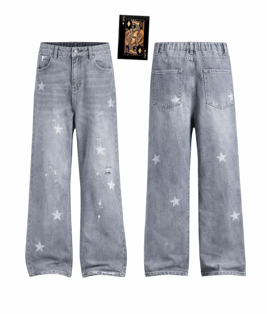 Light Gray Wash Wide Leg Star Print Jeans Distressed Baggy Denim Pants White Stars Streetwear Y2K Flare