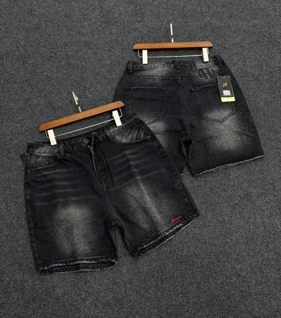 Men's Vintage Washed Black Denim Shorts - Relaxed Fit Raw Hem Jorts - Urban Streetwear Graphic Patch Jean Shorts - Retro Distressed Hip Hop Shorts