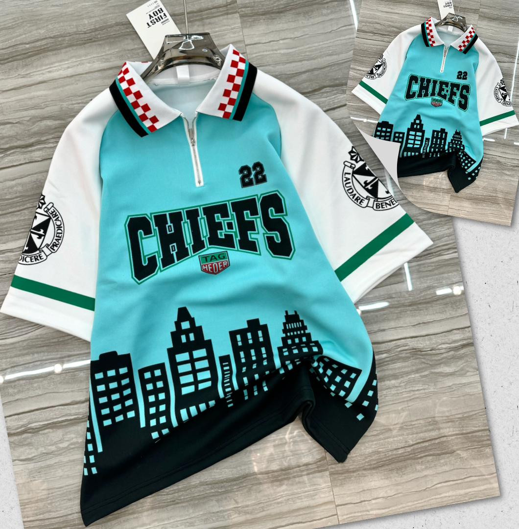 Chiefs Polo Shirt - Turquoise Raglan Zip "22" Skyline Graphic Streetwear Top