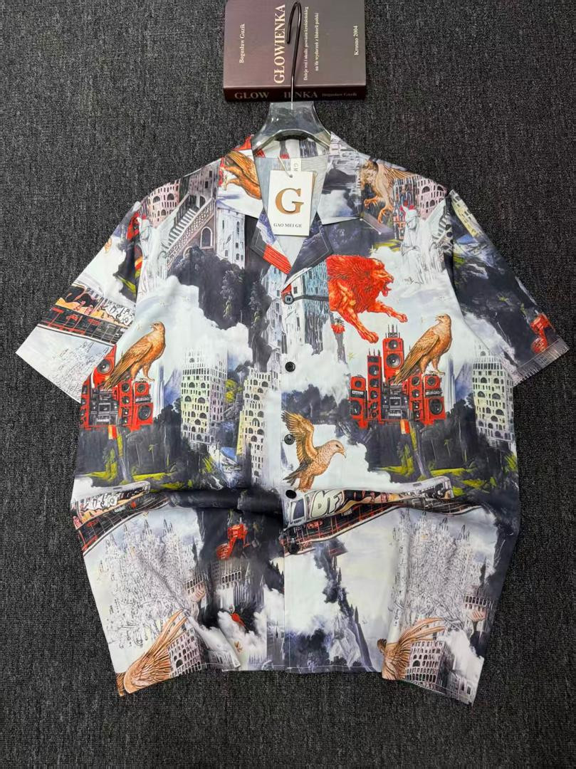 Gucci Inspired Oversized Hawaiian Shirt Lion Eagle Architecture Speakers Surreal Collage Print Short Sleeve Camp Collar Resort Button Up Unisex Glowienka Style