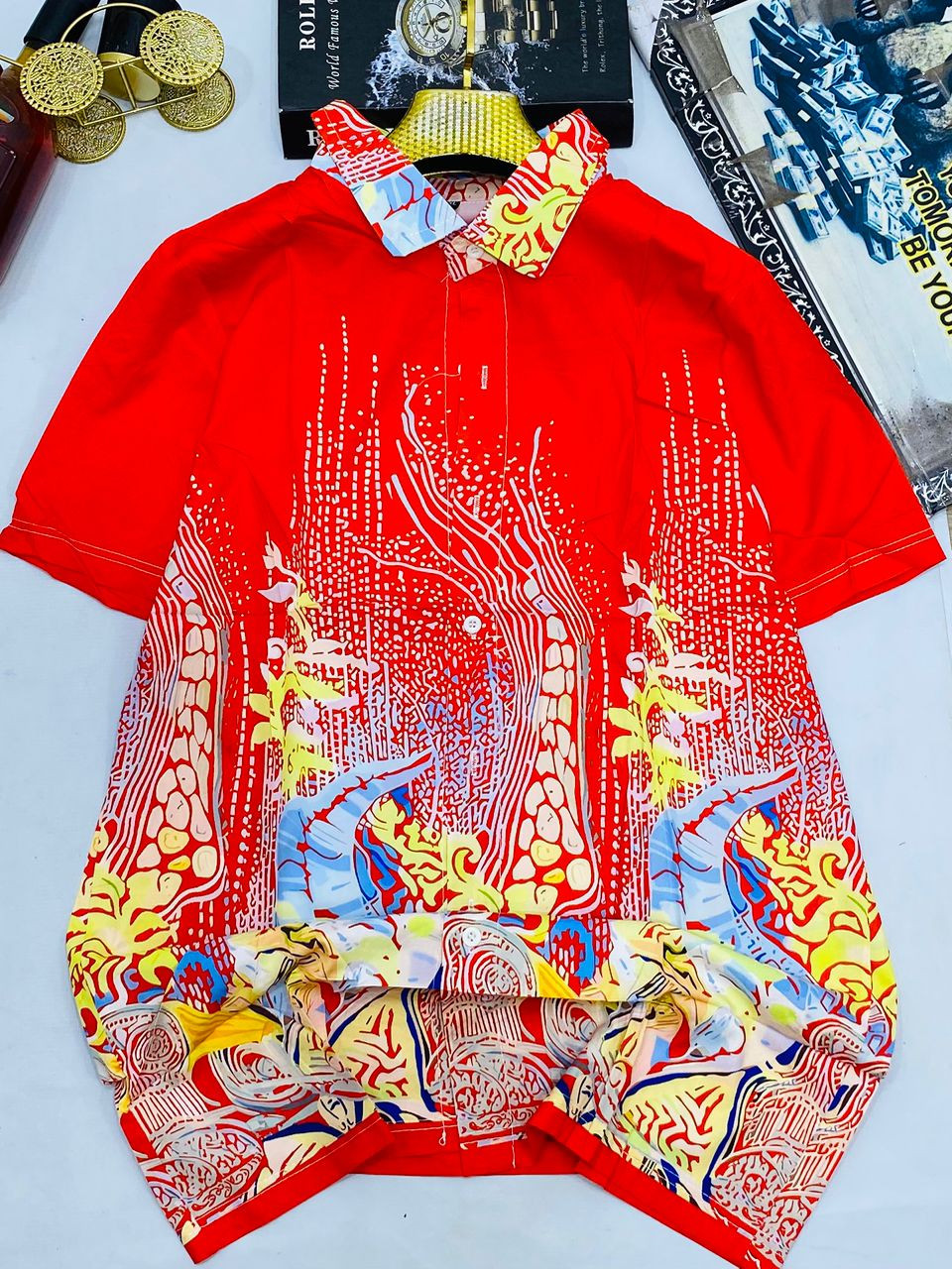 Abstract Wavy Print Shirt Short Sleeve Satin Button Up Multi-Color Swirl Pattern Camp Collar Streetwear Casual Top DNZ Style