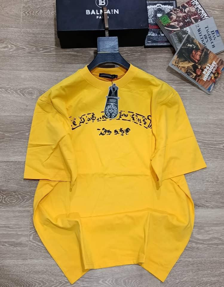 Yellow Oversized Balmain Inspired Graphic T-Shirt Distressed Logo Print Streetwear Casual Tee