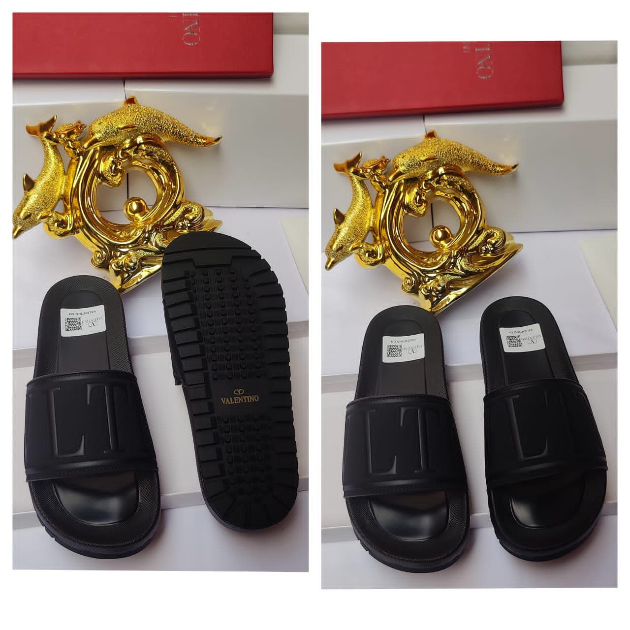 Valentino Style Slides Black Tonal V Monogram Embossed Thick Platform Recovery Pool Sandals Unisex Hype Casual Footwear