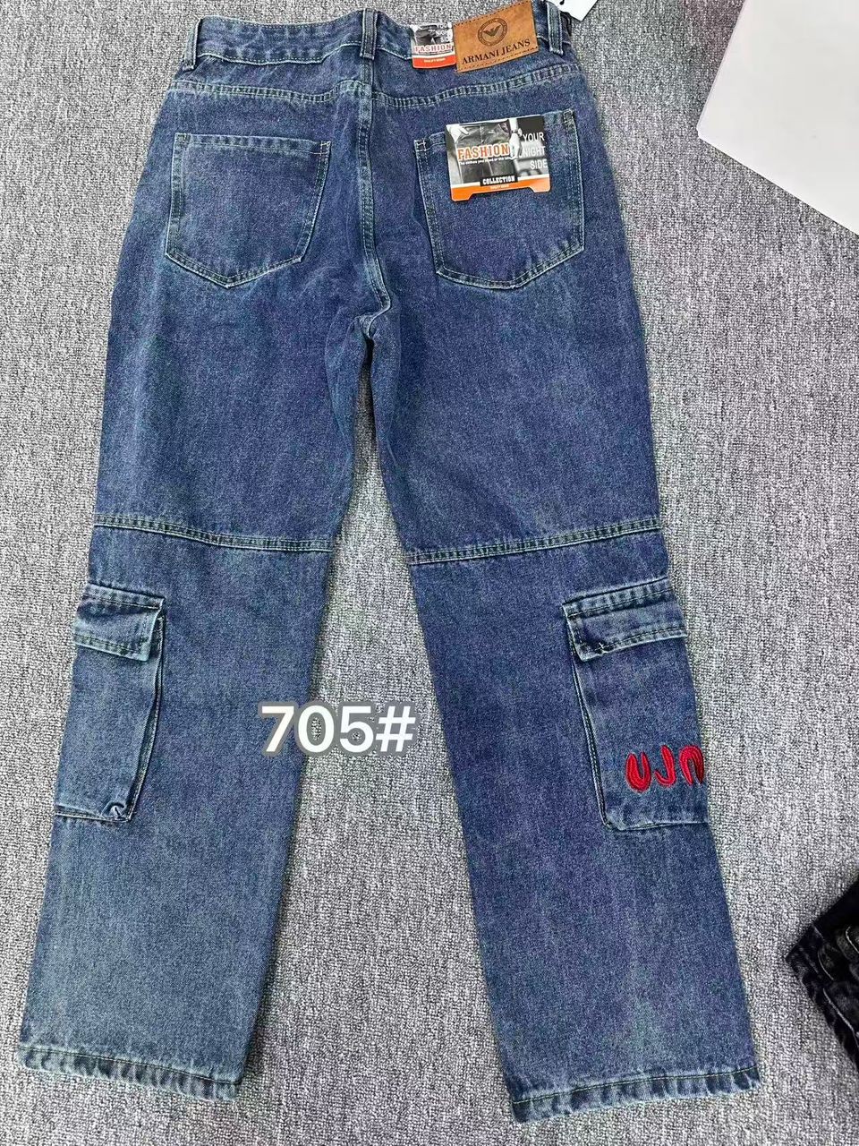 Men's Multi-Pocket Cargo Jeans - Relaxed Straight Leg Denim Trousers, Streetwear Utility Work Pants with Red Embroidery Detail