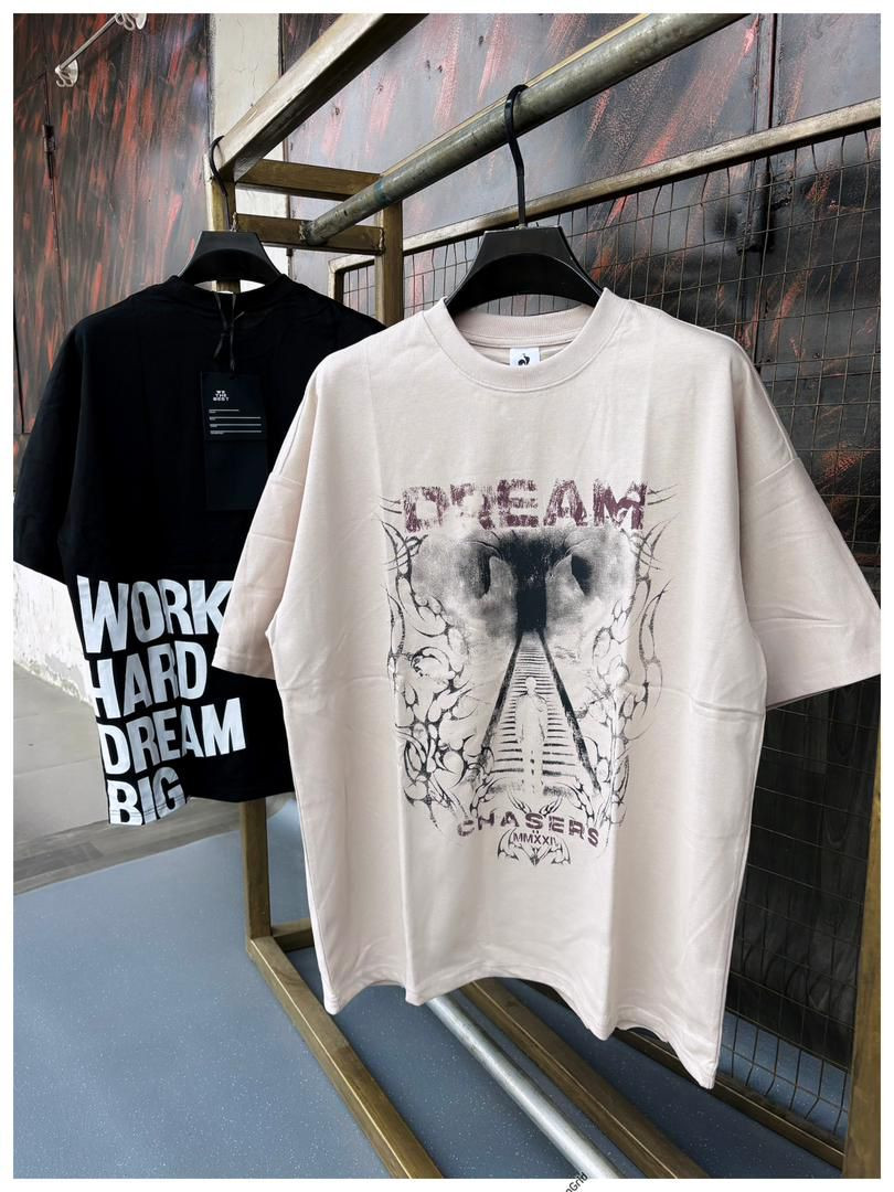 Oversized Dream Chasers Graphic Tee - Motivational Elephant Railroad Print in Black & Beige Unisex Streetwear
