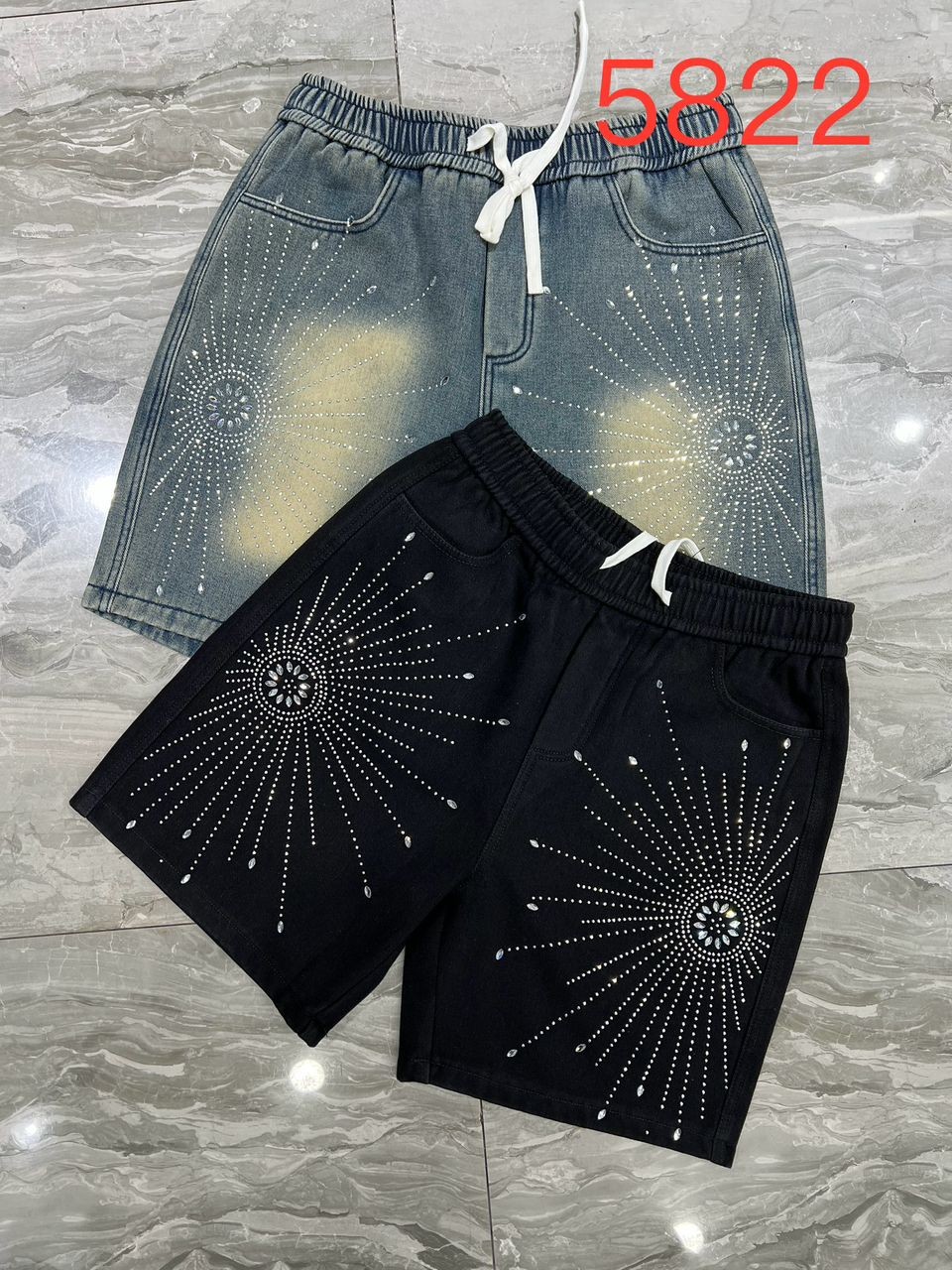 Men's Premium Rhinestone Burst Denim Shorts – Relaxed Fit Summer Jean Shorts with Sparkling Crystal Accents & Elastic Drawstring Waist – Luxury Urban Streetwear