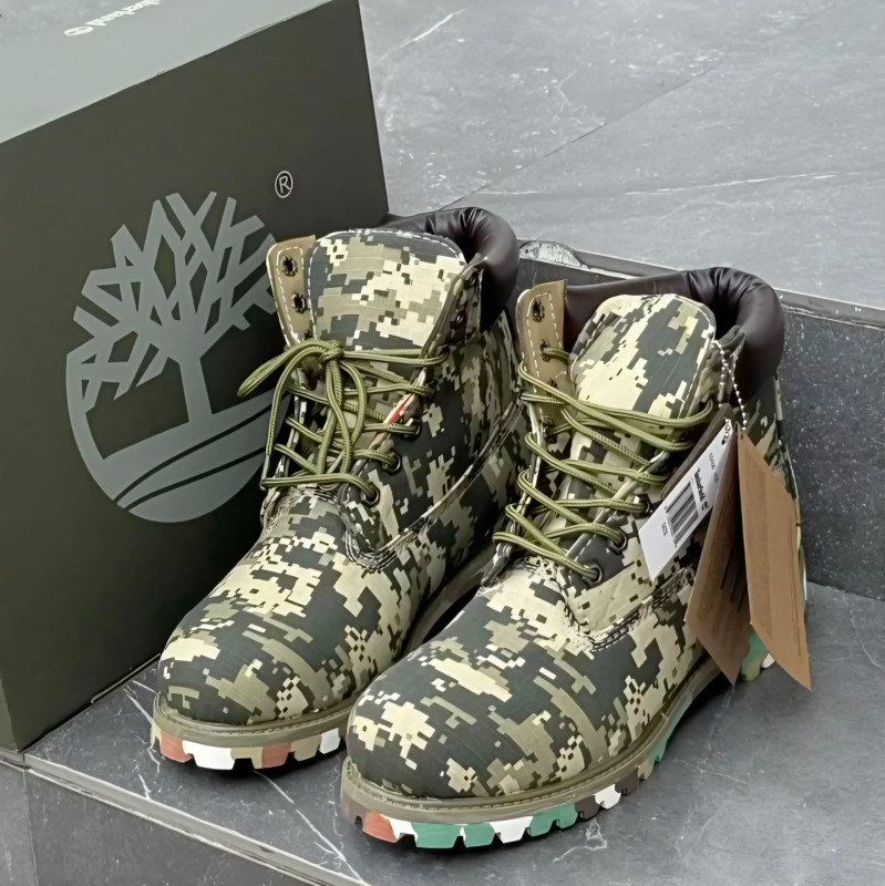 Green Beige Digital Camo Timberland Inspired 6-Inch Boots Pixel Camouflage Waterproof Chunky Lug Sole Streetwear Unisex Work Boots
