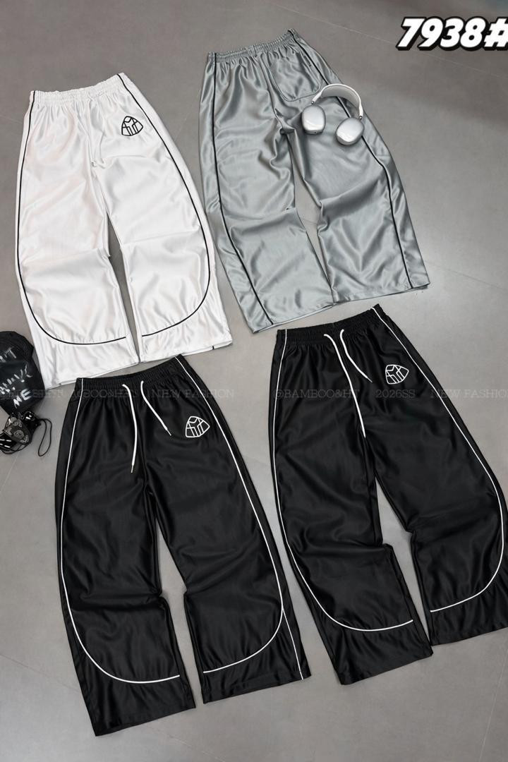 Satin Wide Leg Track Pants Side Stripe Elastic Waist Diamond Logo Lounge Joggers Streetwear Casual Pants White Silver Black
