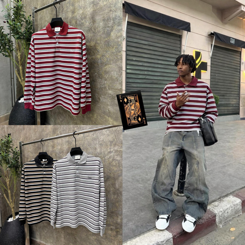 Savage Base Long Sleeve Striped Polo Shirt Black Gray Rugby Polo Contrast Collar Casual Preppy Streetwear Top