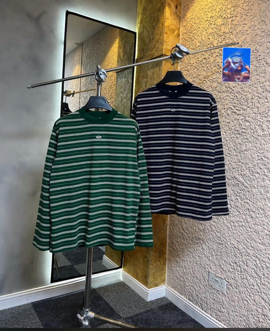 Striped Long Sleeve Crewneck Top Green White & Navy Grey Oversized Retro Rugby Style Unisex Preppy Streetwear Casual Tee