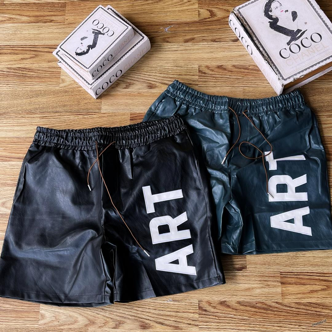Faux Leather ART Print Shorts Oversized Elastic Drawstring Lounge Boxer Streetwear Casual Bottoms
