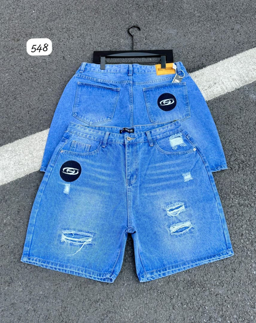 Light Bleach Wash Distressed Denim Shorts "G" Logo Patch Back Pockets Baggy Jorts