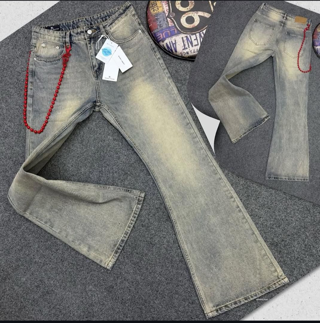 Light Wash Flared Jeans with Colorful Beaded Chains - Y2K Streetwear Wide Leg Denim Pants with Pearl Chain Detail