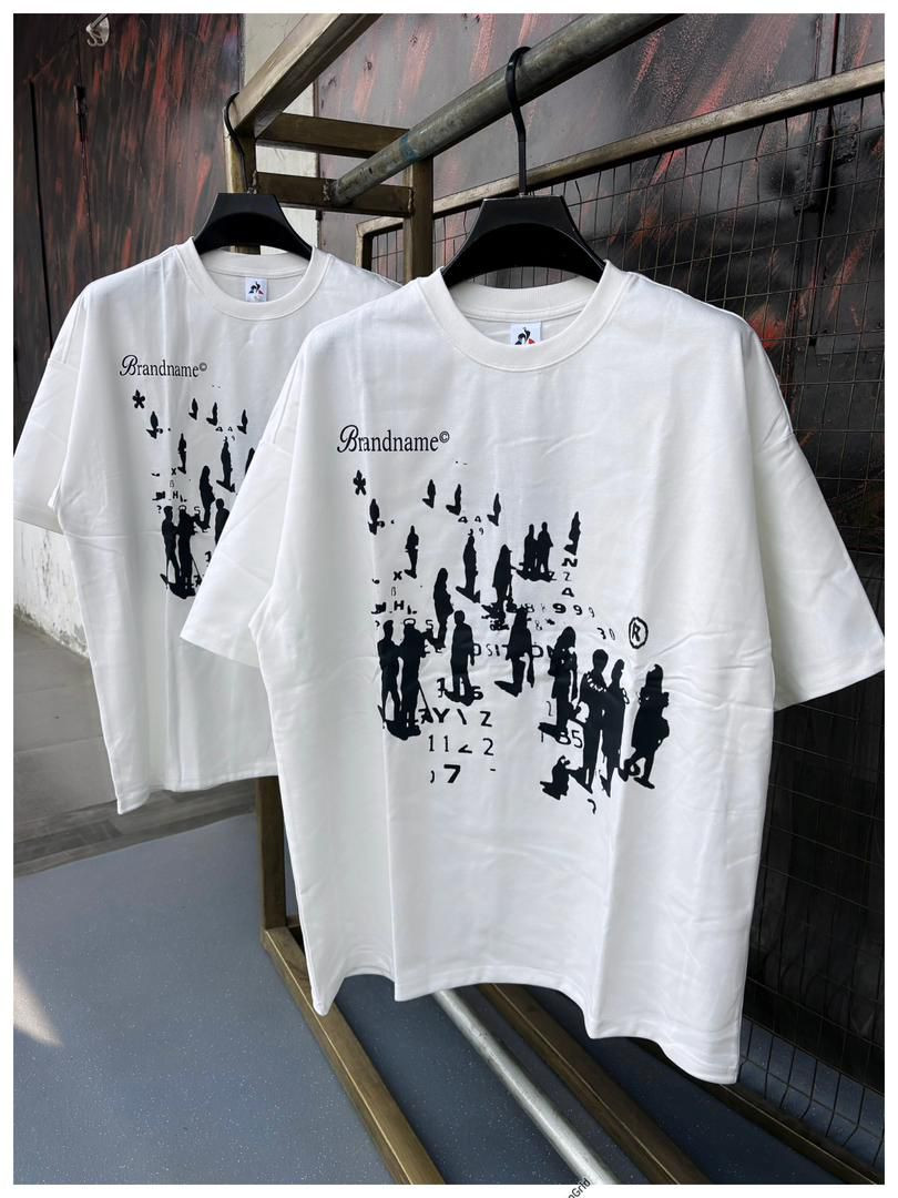 Oversized White Graphic T-Shirt - Abstract Crowd Silhouettes with Birds, Numbers & Brandname Print Unisex Streetwear