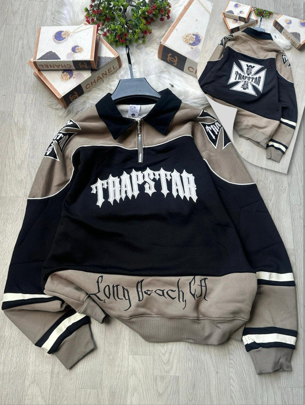 Black Taupe Trapstar Quarter-Zip Pullover Oversized Gothic Logo Track Jacket Streetwear